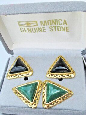 Vintage New In Box Signed MONICA SORDO 2 Pair Malachite Onyx Pierced Earrings